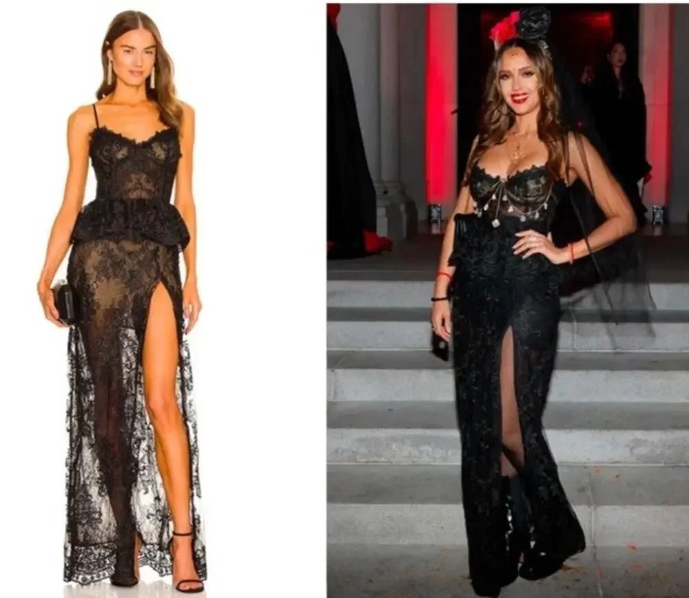 V Chapman Ophilia Lace Corset Gown Black Size 10 Jessica Alba Peplum Dress